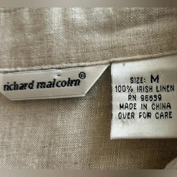 Vintage Richard Malcolm Embroidered Tan Beige Irish Linen Button Down Resortwear - Picture 5 of 8